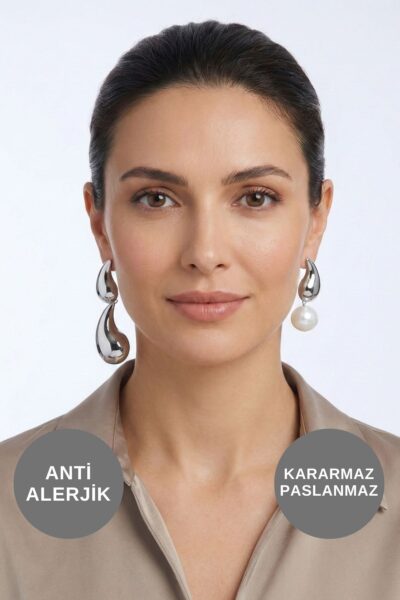 Kadın Antialerjik Kararmaz Suya Dayanıklı Uzun Sallantılı İncili Silver Çelik Marka Küpe Modelleri