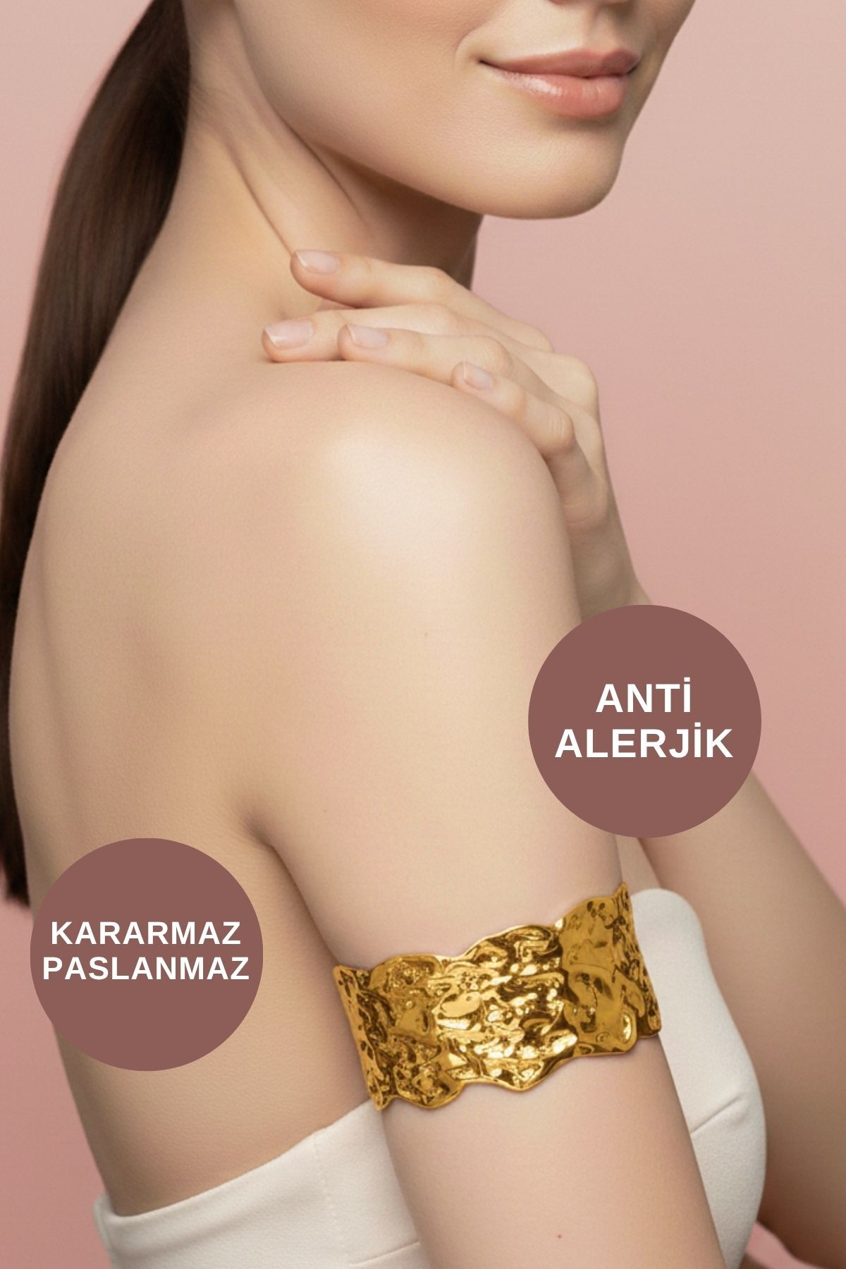 Kadın Özel Tasarım Şık Altın Kaplama Gold Kararmaz Antialerjik Kalın Çelik Kelepçe Bilezik Bileklik - Görsel 2