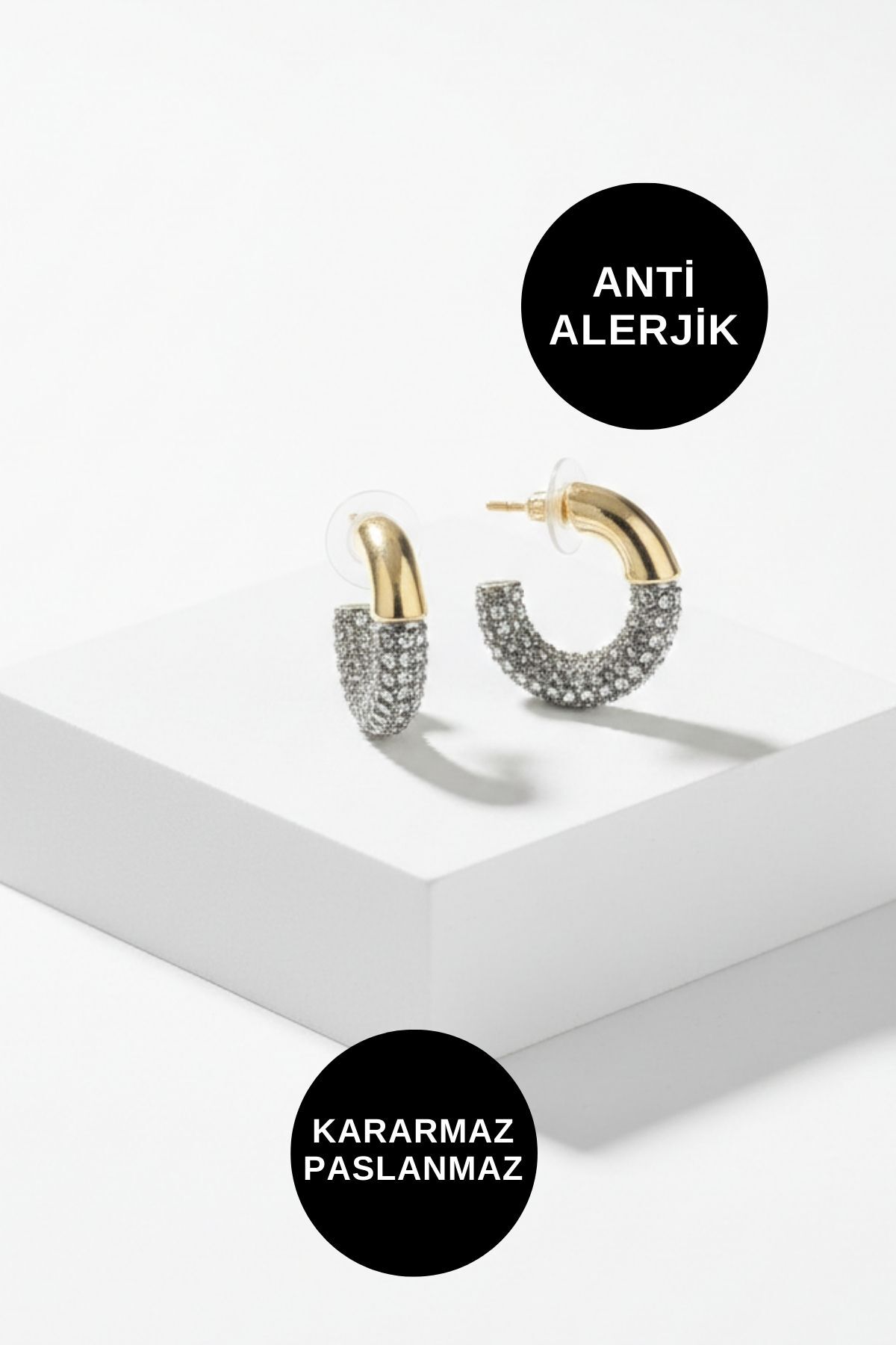 Kadın Suya Dayanıklı Antialerjik Kararmaz Zirkon Taşlı Silver Gold Çelik Marka Halka Küpe Modelleri - Görsel 4
